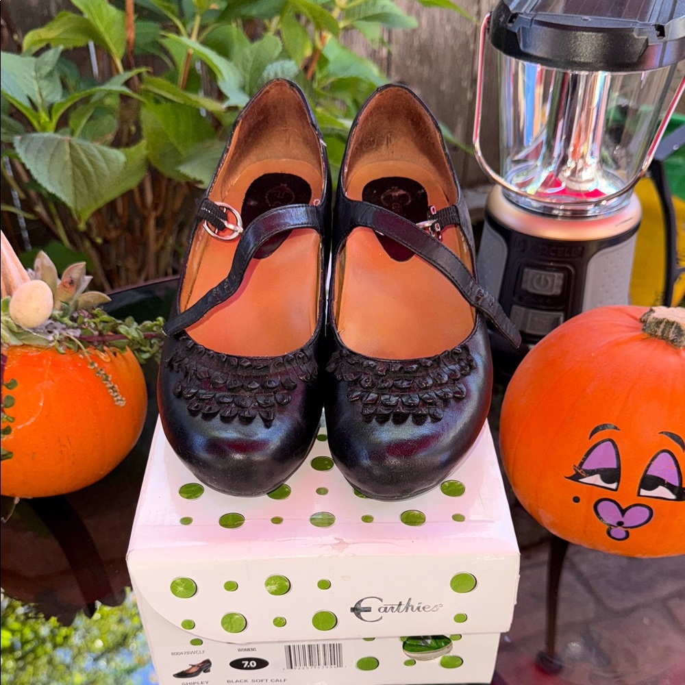 Earthies Black Mary Jane Shoes with Embellished Strap
